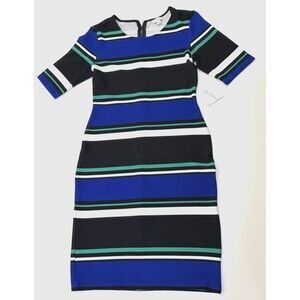 Olivia Matthews Blue Black Striped Bodycon Dress Short Sleeve Stretch Midi Small